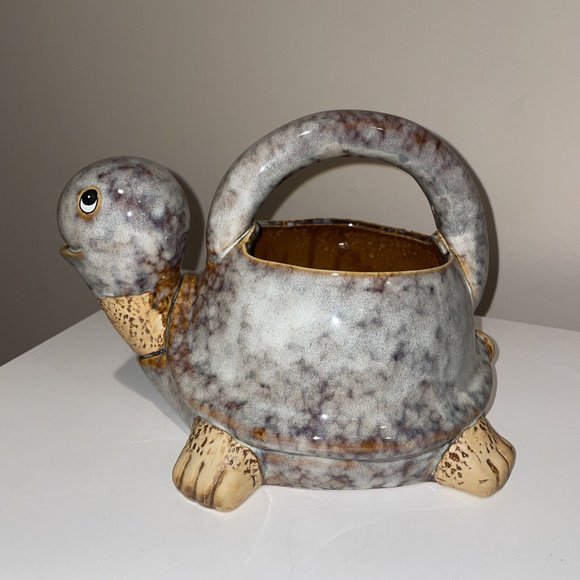 Other - NEW Adorable Turtle Tortoise Glazed Ceramic Pottery Planter Gray Tan
